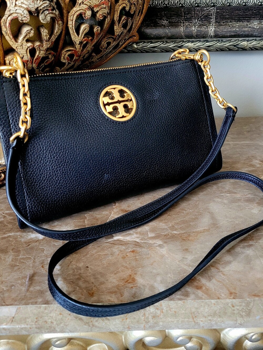 Tory Burch Carson Zip Top Pebbled Leather Crossbody in Black 9"×6"×1" - Picture 13 of 16